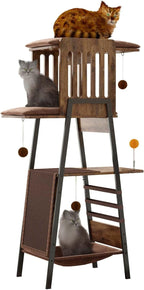 58-Inch Outdoor Cat Tower Metal, Large Cat Tower Platform, Modern Cats Tree with Scratching Board & Removable Pads, Cats Furniture for Indoor Cats, Large Perch Hammock