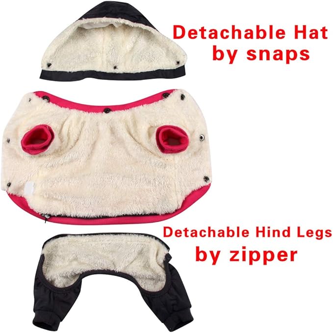 Fleece Lined Dog Coat with Detachable Hood and Detachable Hind Legs,Warm Puppy Jacket in Winter(Pink&Grey L)