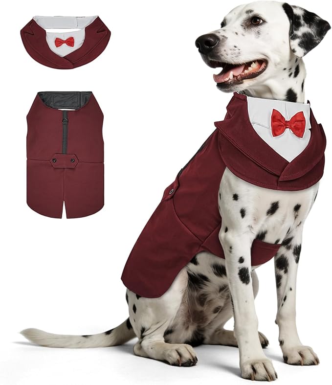 Supet Dog Tuxedo and Bandana Set with Bow Tie, Formal Outfit for Wedding Birthday Party Graduation Valentines, Pet Suit Clothes for Large Medium Small Dogs (Burgundy, 2XL)