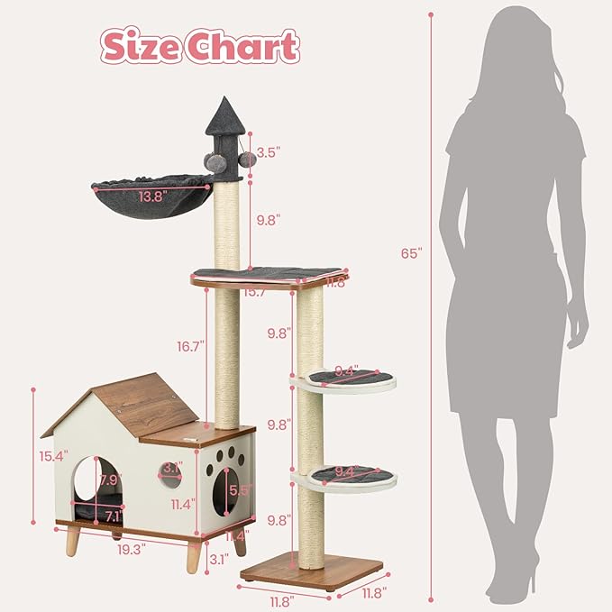 Happy & Polly Modern Cat Tree for Indoor Cats - 45" Wooden Cat Tower with Sisal Scratching Posts, Cat House, Removable Pads Multi-Level Cat Tower Activity Center for Small Large Cats