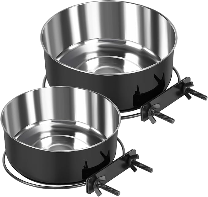 2 Pcs Black Large Pet Dog Food Water Bowl for Cage Stainless Steel Non-Spill Kennel Hanging Cats Bowls with Clamp Holder Crate Feeder Dish for Medium Large Dogs Huge Pets (7.1x2.5'' & 6.3x2.4'')