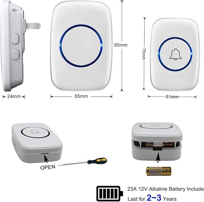 Wireless Doorbells, 1PlusOne White Waterproof Door Chime Kits Includes Push Button, Plug-in Receiver, Operating Over 1000 Feets Range, CD Quality Sound and LED Flash (2 Transmitter + 3 Receiver)