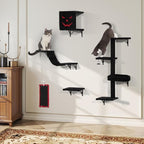 5 Pcs Wall-Mounted Climber Set, Wood Indoor with Shelves and Perches, Ladder, Condo House, Scratching Board and Tree, Wall Shelves Furniture for Cats (Black&Red)