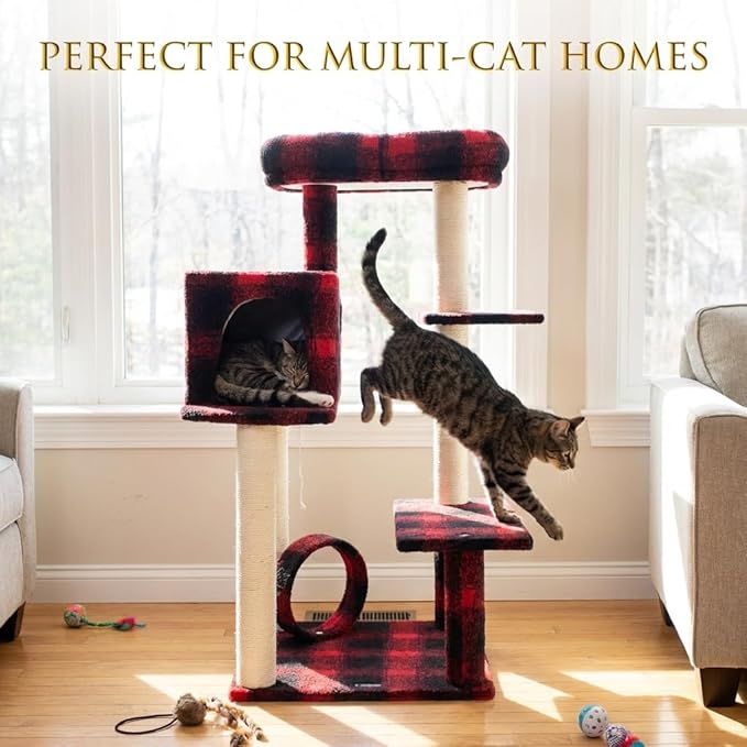 Multi-Level Cat Tree with Condo and Scratching Posts, Red Buffalo Plaid, 50 Inch Height, Sisal Rope Posts, Activity Center with Tunnel and Perches