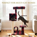 Multi-Level Cat Tree with Condo and Scratching Posts, Red Buffalo Plaid, 50 Inch Height, Sisal Rope Posts, Activity Center with Tunnel and Perches