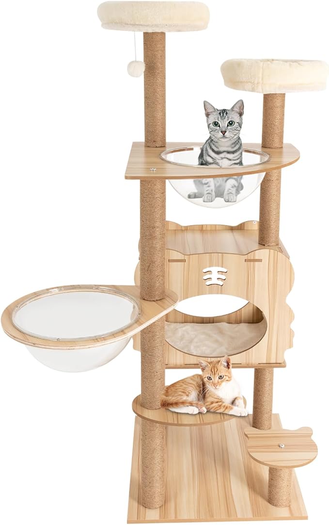 Wood Cat Tree - 54 -Inch Modern MDF Cat Tower for Indoor Cats,Multi-Level Houses for Large Cats with Scratching Posts, Brown