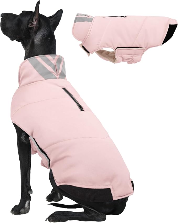Kuoser Large Dog Coat, Cold Weather Reflective Waterproof Dogs Jacket with Warm Fleece Lining, Turtleneck Dog Winter Coat with Zipper, Doggy Snow Jacket Pet Coats for Small Medium Large Dogs, Pink 3XL