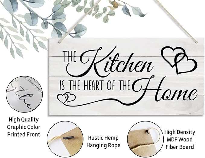 Kitchen Wood Decor Sign, The Kitchen Is the Heart of the Home, Hanging Printed Wooden Plaque Décor, Rustic Farmhouse Home Wall Decor for Kitchen, Dining Room Decoration 12x 6inch