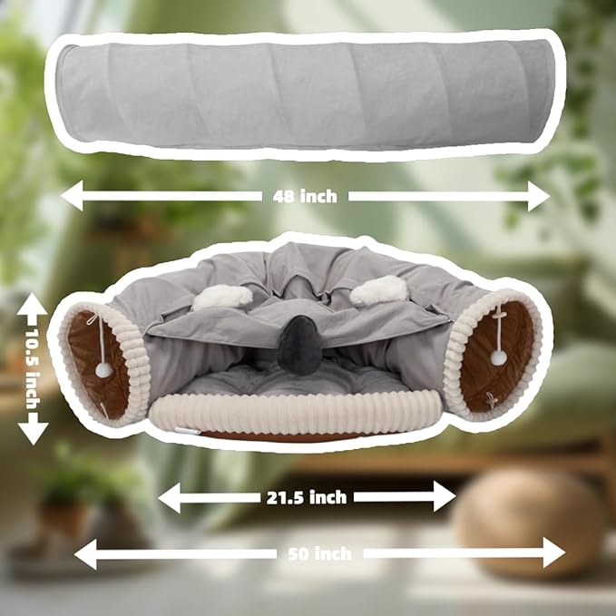 VelvetPaw Gray 2-in-1 Collapsible Rabbit Tunnel Bed | Removable Washable Pet Cushion | Cozy Hideout & Play Toy for Rabbits, Bunnies & Kittens - Indoor Rest, Exercise & Entertainment