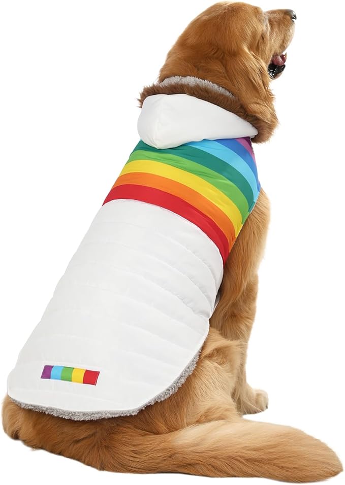 HDE Dog Puffer Jacket Fleece Lined Warm Dog Parka Winter Coat with Harness Hole White Rainbow Stripe - XXL