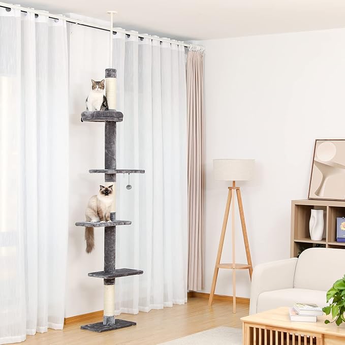 PETEPELA Floor to Ceiling Cat Tree, Cat Tower 5-Tier Height(95-107 Inches) Adjustable, Tall Cat Climbing Tree Featuring with Scratching Post, Cozy Bed,Interactive Ball Toy for Indoor Cats/Kitten Grey