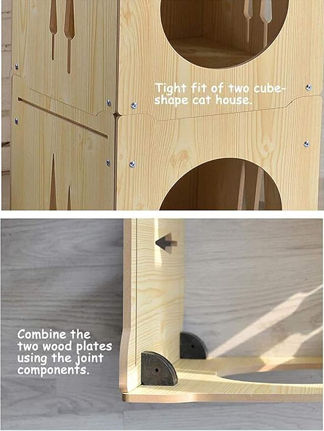 Wooden Cat House Rabbit Hideout with Hammock Stackable Collapsible Cat Kity Cube Room Splicing Bunny Cat Climbing Combination