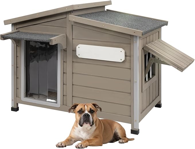 Large Outdoor Wooden Dog House, Weatherproof Dog Houses with Adjustable Vent Windows, Alloy Chew-Resistant Frame, Removable Floor for Medium & Large Dogs, (34" L x 22" W x 25.9" H)