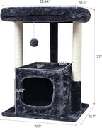 SYANDLVY 27IN Cat Tree for Indoor Cats Large Adult, Modern Activity Tower with Scratching Posts, Condo with Plush Perch, Climbing Stand with Spring Ball for Play, Smoky