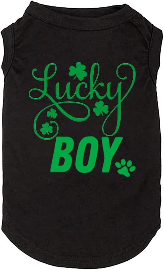 Dog Apparel Lucky Boy Letter Print Clover Shirts for Small Large Dog Vest Puppy Gift St Patrick's Day Costume(Small,Black01)