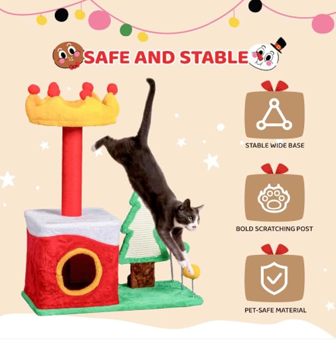 VINGLI 29.5IN Christmas Themed Plush Cat Tree, Multi Level Cat Tower with Condo, Crown Top Perch, Xmas Tree Sisal Scratching Ramp & Post, Spring Hanging Balls Indoor Kitten Cat Activity Center