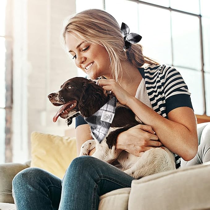 E-Clover Christmas Plaid Dog Scarf & Matching Scrunchie Set - Triangle Pet Bandana Bibs for Small Dog Puppy Owner Birthday Gifts - Black & White