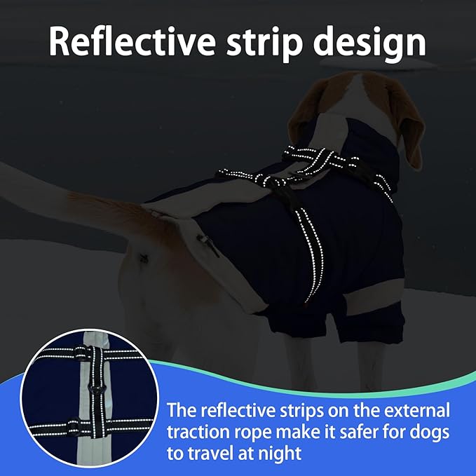 MIGOHI Waterproof Dog Coat with Harness Adjustable Dog Jacket Pet Winter Coat with Zipper,Christmas Small Fleece Jacket for Small Dogs,Extra Long Sleeves Warm Winter Snowsuit for Dogs,M,NavyBlue