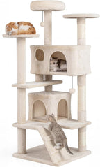 Tangkula Cat Tree Tower, 52 Inch Multi-Level Cat Tower with Sisal Scratching Posts, Cushioned Top Perch, Large Dual Condos & Ladder, 2 Hanging Balls, Jumping Platforms for Indoor Cats (Beige)