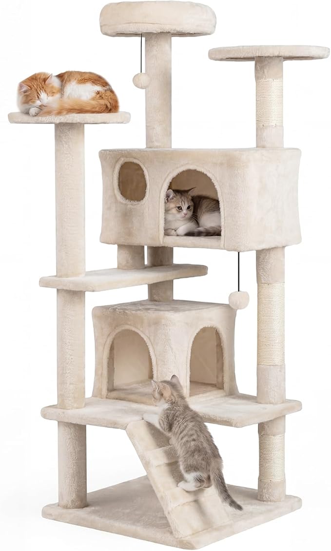 Tangkula Cat Tree Tower, 52 Inch Multi-Level Cat Tower with Sisal Scratching Posts, Cushioned Top Perch, Large Dual Condos & Ladder, 2 Hanging Balls, Jumping Platforms for Indoor Cats (Beige)