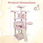 Tangkula 65 Inch Tall Pink Cat Tree, Multi-Level Cat Tower with Sisal Scratching Posts & Board, 2 Condos, 3 Plush Top Perches, Adjustable Basket, 3 Hanging Balls for Indoor Cats (Pink)
