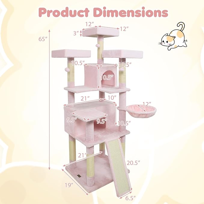 Tangkula 65 Inch Tall Pink Cat Tree, Multi-Level Cat Tower with Sisal Scratching Posts & Board, 2 Condos, 3 Plush Top Perches, Adjustable Basket, 3 Hanging Balls for Indoor Cats (Pink)
