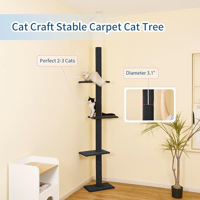 Cat Craft Cat Tree Floor to Ceiling 95-108" Tall Cat Tree Carpet Cat Tower Kitten Tree Sisal Scratching Post and Mat Cat Pole for Indoor Cats, Charcoal, 4-Tier