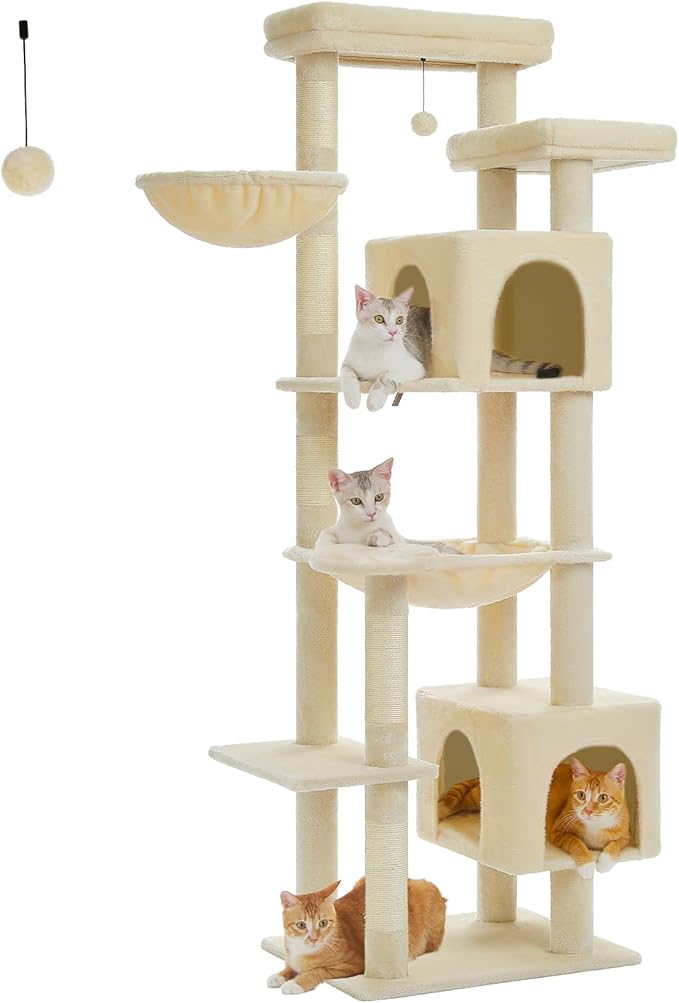 PETEPELA 69" Tall Cat Tree for Indoor Large Cats, Cat Tower for Adult Cats with Super Big Hammock, Cat Climbing Tree Tower with Scratching Posts, Condo House and Large Top Perch, Beige