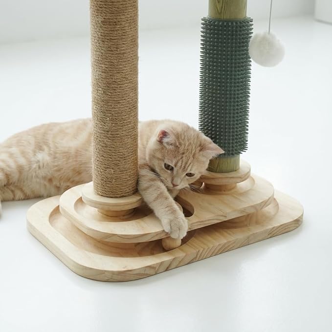 4-in-1 Small Cat Tower with Bed for Kittens, Cat Tree with Cat Self Groomer Brush, Track Balls, Natural Sisal Cat Tower with Interactive Toy, Scratching Post for Indoor Cats
