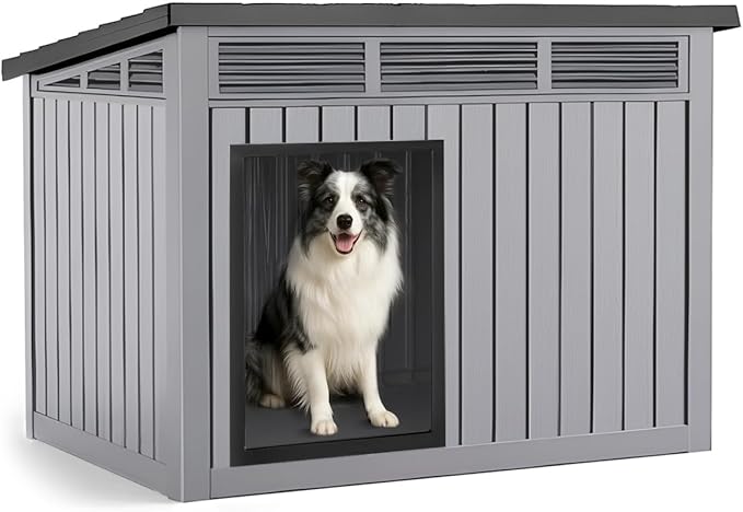VIXZEN Dog House Indoor Outdoor,Waterproof Dog House for Small to Large Dogs,Doghouse with Air Vents & Elevated Floor,Openable at the Top,Easy to Assemble & Clean, Grey