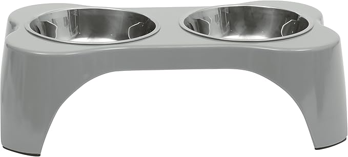 Gibson Home Bow Wow Meow 3-Piece Elevated Dog Bowl Set – Bone-Shaped Raised Feeder with 2 Stainless Steel Bowls for Medium to Large Dogs, Non-Slip, Easy to Clean, Grey