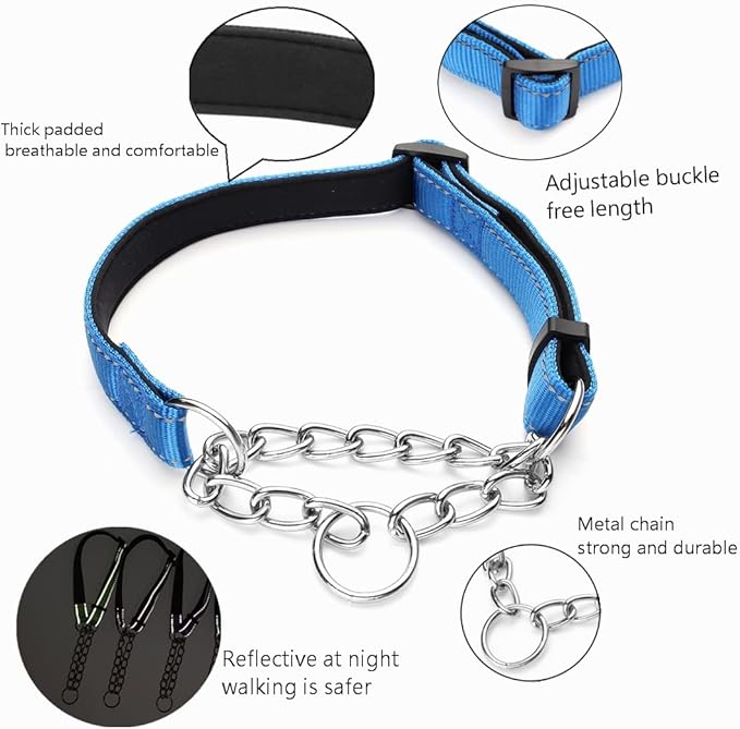 Martingale Dog Collars Adjustable Soft Nylon Reflective Collars with Stainless Steel Chain Walking Training Collars Heavy-Duty Puppy Chain Collars for Small,Medium,Large Dogs(Blue,L)