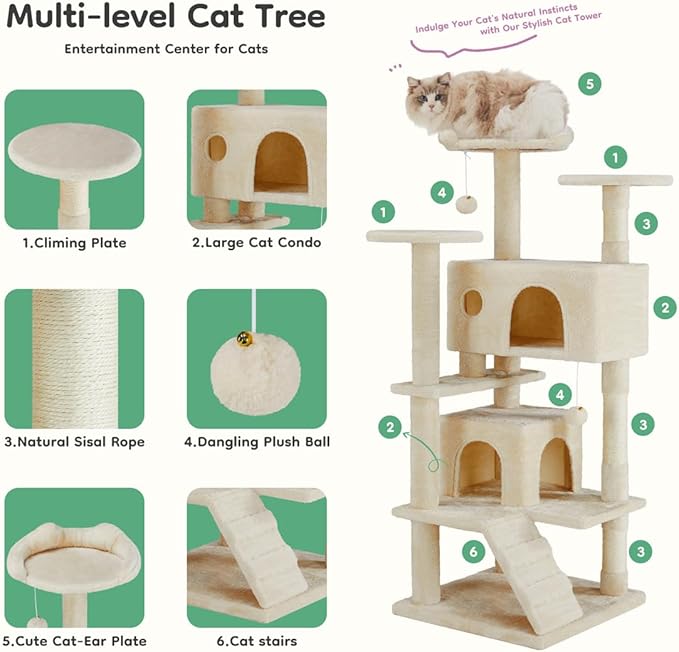 Cat Tree 54in Multi-Level Cat Tower with Sisal Scratching Post, Large Condo, Climbing Ladder for Kitten Indoor, Beige