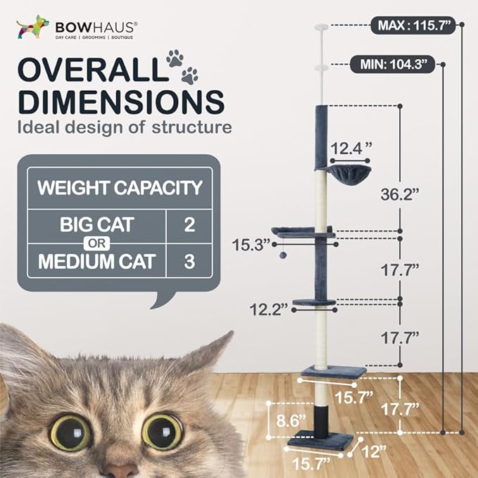 CAPHAUS Floor to Ceiling Cat Tree with Adjustable Height 104-115 Inch, Multi-Level Cat Tower with Itching Scratcher, Fluffy Playball, Platforms, Hammock for Indoor Cats, Dark Grey