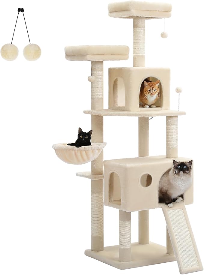 64-Inch Large Cat Tree for Indoor Cats, Multi-Level Tall Cat Tower with 2 Soft Top Perches, 2 Caves, 5 Sisal Scratching Posts, 2-in-1 Scratching Ramp, 1 Hammock & 3 Pompoms, Beige