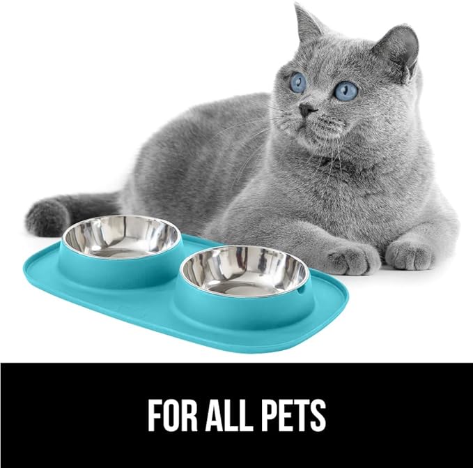 GORILLA GRIP Feeding Mat Bowl Set, 3 Cup 100% Waterproof BPA Free Silicone, 304 Stainless Steel Cat and Dog Bowls for Food and Water, Slip Resistant, High Edge, US Designed, Patent Pending, Turquoise