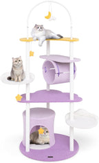 PETSITE 62 inch Moon and Star-Themed Cat Tree, Modern Multi-Level Cat Tower with Moon-Shaped Top Perch, Star-Shaped Hanging Toys, Barrel-Shaped Hammock, and Cat Condo, Cute Cat Tree for Indoor Cats