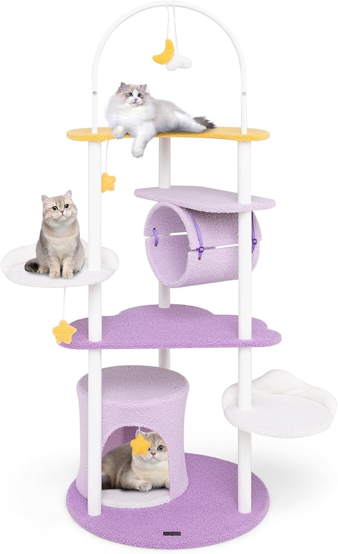 PETSITE 62 inch Moon and Star-Themed Cat Tree, Modern Multi-Level Cat Tower with Moon-Shaped Top Perch, Star-Shaped Hanging Toys, Barrel-Shaped Hammock, and Cat Condo, Cute Cat Tree for Indoor Cats