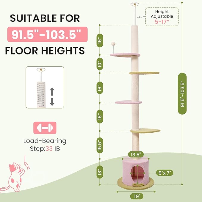 Max & Marlow Cat Tree Floor to Ceiling Cat Tower Height 95-108" Adjustable Kitten Tree Tall Climbing Tree with Carpet Scratching Post and Mat Cat Pole for Indoor Cats, Pink