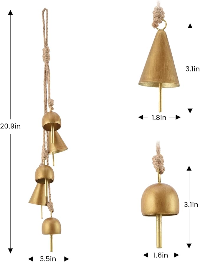 Gold Metal Vintage Bells with Jute Rope for Christmas Tree, Wreath, Party Decor - 3.5W x 21H