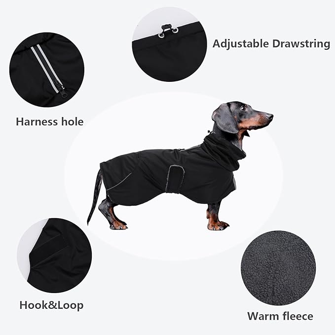 Dachshund Coats Waterproof, Perfect for Dachshunds, Sausage, Weiner Dog Winter Coat with Padded Fleece, Puppy Snowsuit with Adjustable Bands and High Vis Reflective Trim - Black - S