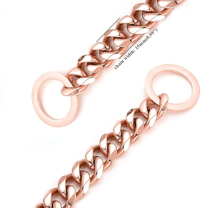 Rose Gold Dog Chain Collar 11mm/15mm/19mm Stainless Steel Cuban Link Chain Collar for Small Medium Large Dogs(15mm,12inch)