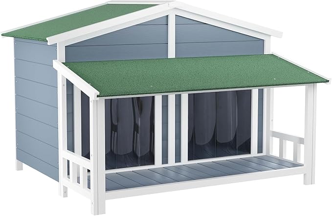 Ritsu Outdoor Dog House, Waterproof Dog Kennel, Wooden Indoor Dog House, Log Cabin Style with Porch,Elevated Floor, 2 Doors