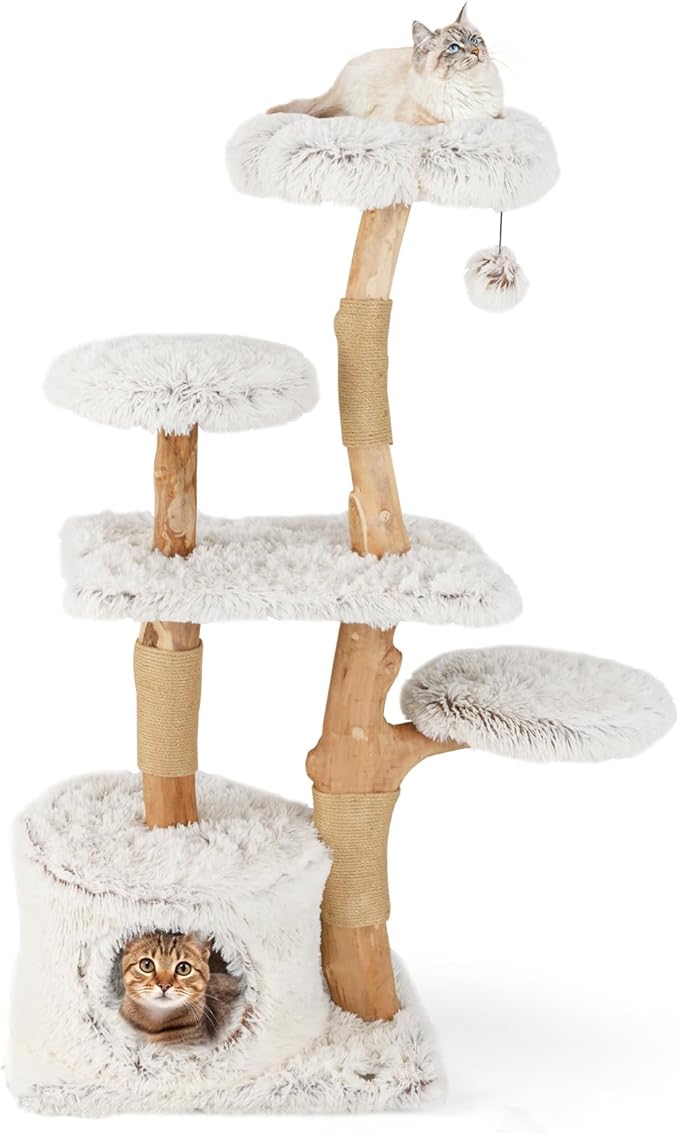 Tangkula Modern Cat Tree, 53 Inch Tall Natural Branch Wooden Cat Tower with Jute Scratching Posts, Plush Perch, Condo, Aesthetic Luxury Solid Wood Flower Cat Tree for Indoor Cats Large Adult (White)