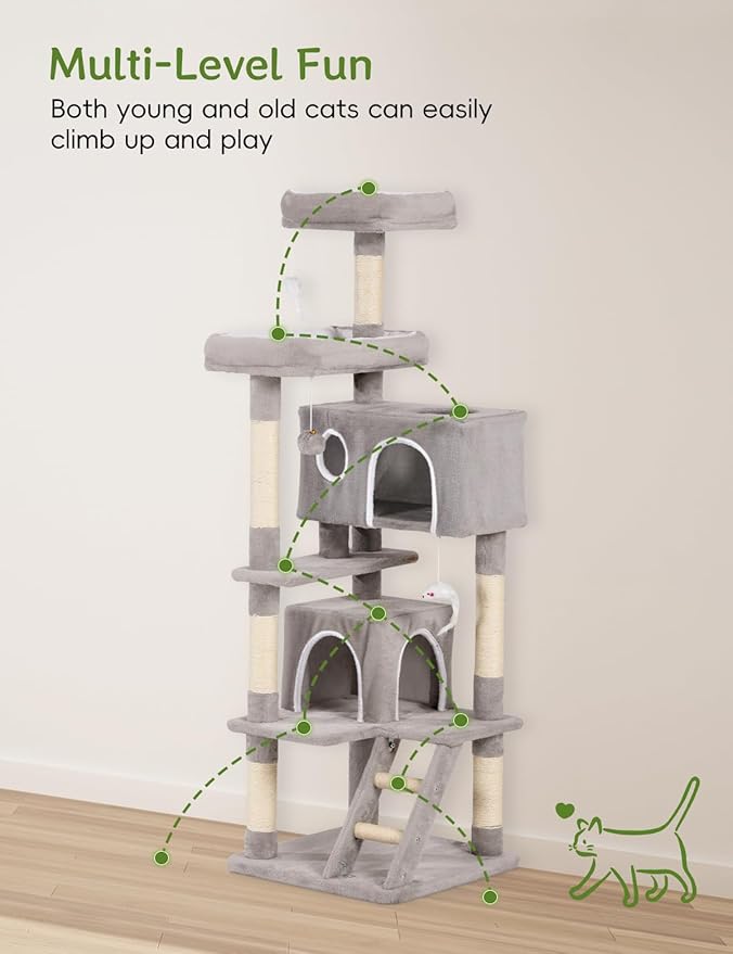 Cat Tree Tower 60inch - Multi-Level Indoor Activity Center with Sisal Scratching Posts, Condo, Plush Perch & Hanging Toys for Large Cats (Light Gray)