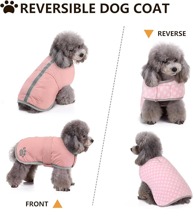 Queenmore Dog Winter Coat, Fleece Puffer Dog Down Vest, Cold Weather Pet Jacket for Dogs, Waterproof Reflective Reversible Dog Sweater Clothes for Small, Medium and Large Dogs (Light Pink, S)