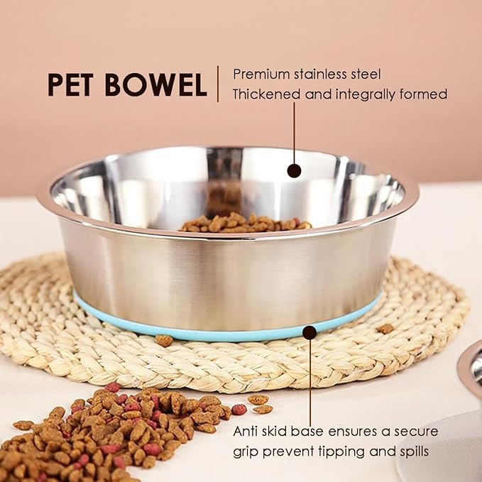 Deep Stainless Steel Non-Skid Dog and Food Bowls, Each Holds Up to 16 Cups, Set of 2 Packs(10.2 x 3.2 Inches)
