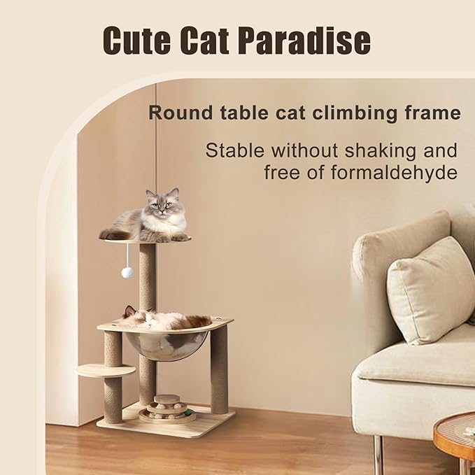 24.7in Large Cat Tree for Indoor Cats, Cat Tower with Sisal Scratching Posts, Cat Activity Center with Cat House, Interactive Teaser Balls, Sturdy Wood Cat Climbing Tower for Kittens&Adult Cats, Beige