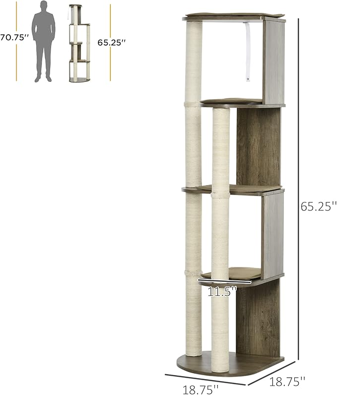 PawHut 65" Corner Modern Cat Tree Tall for Climbing, Large Multilevel Cat Tower with Scratching Posts, Small-Fit Kitten Tower with Sisal, Cream White