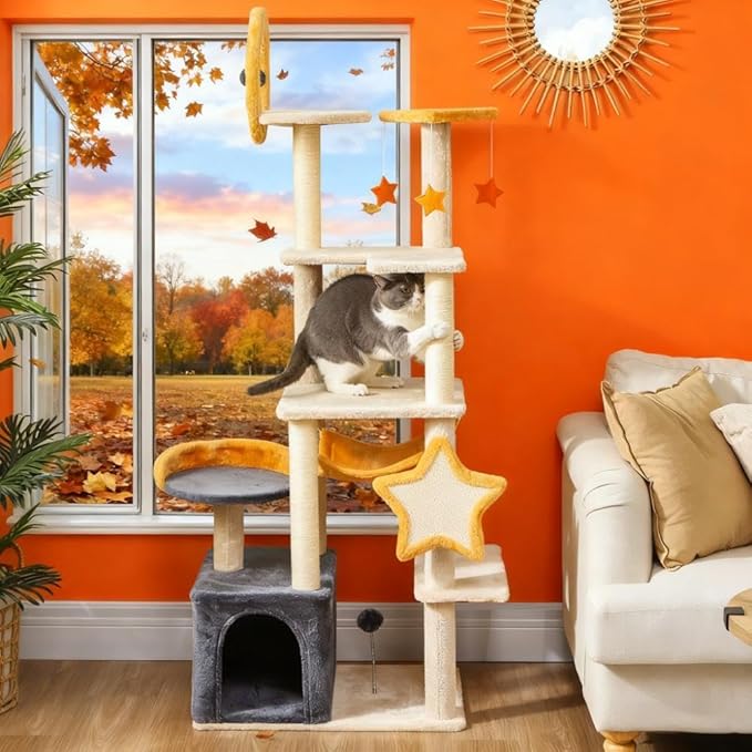 Stylish Cat Tree Tower with Sisal Scratching Posts, Cozy Condo, and Plush Perches for Climbing, Resting, and Play (Beige + Particle Board + Plush)